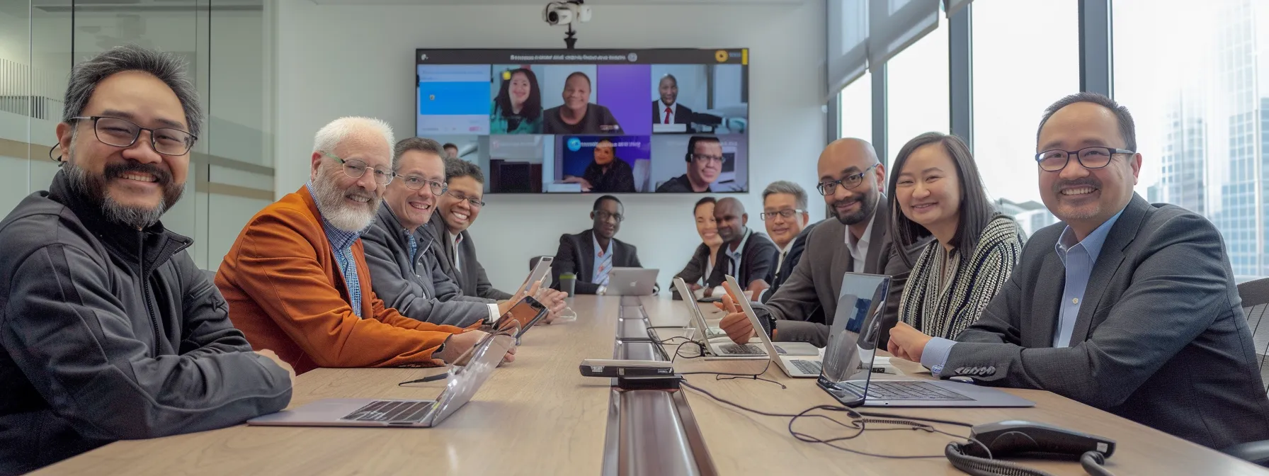 a diverse group of professionals sitting around a conference table, testing out various phone conferencing services on sleek, modern devices.