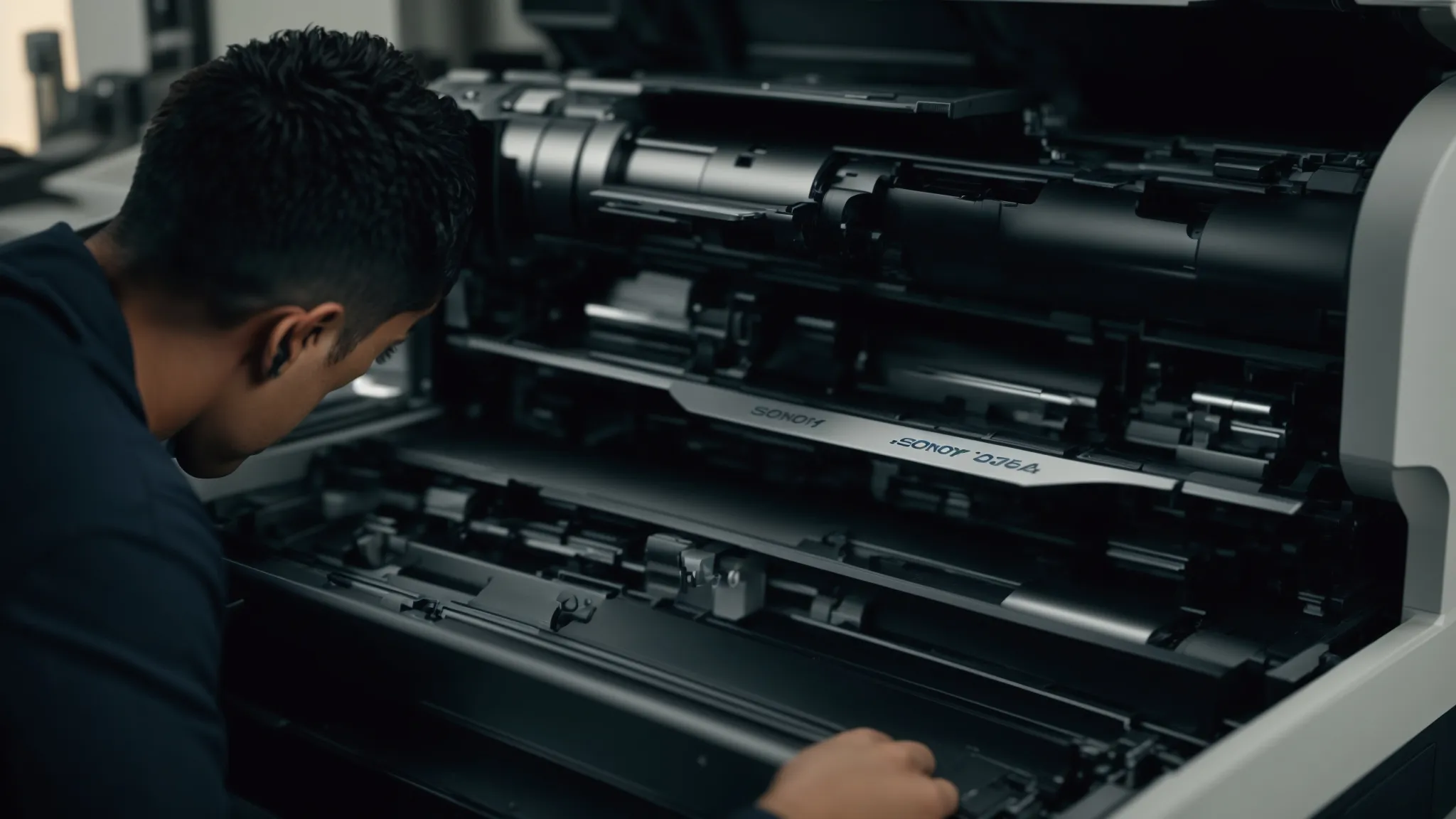 a technician carefully examining the intricate inner workings of a canon photocopier, surrounded by tools and diagnostic equipment.