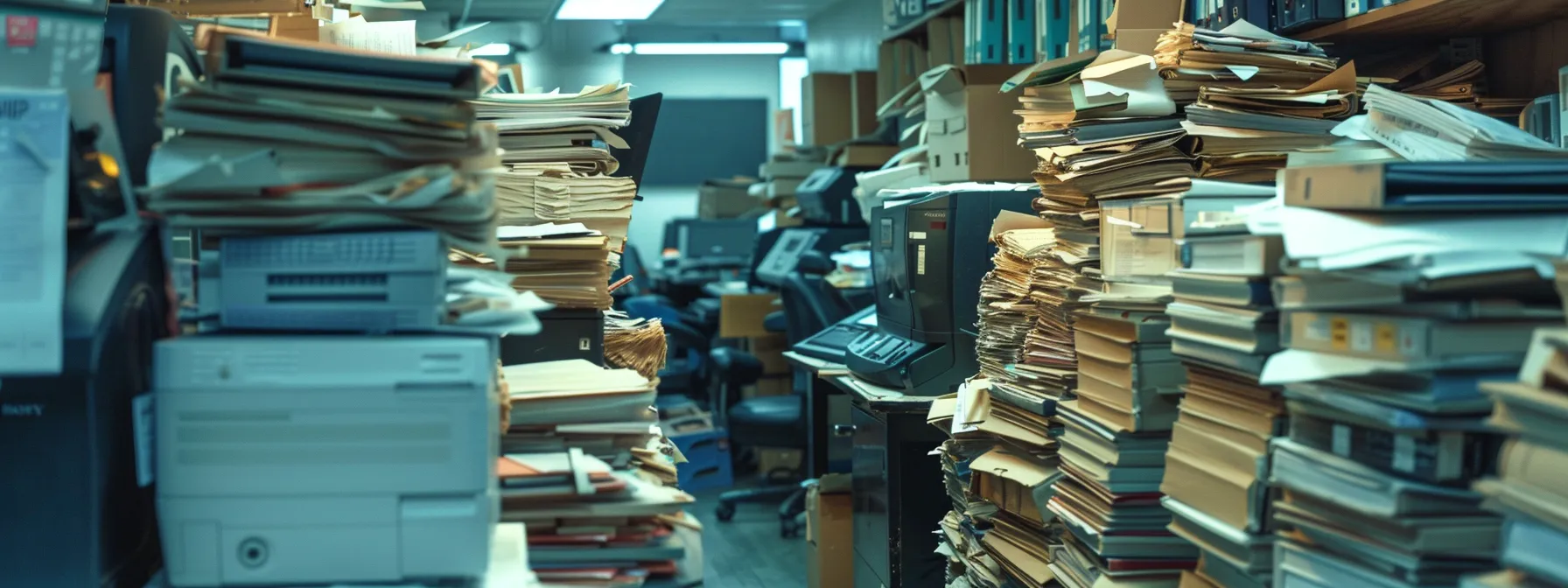 a cluttered office space filled with stacks of paper, empty ink cartridges, and outdated printers, symbolizing the financial strain of traditional printing practices.