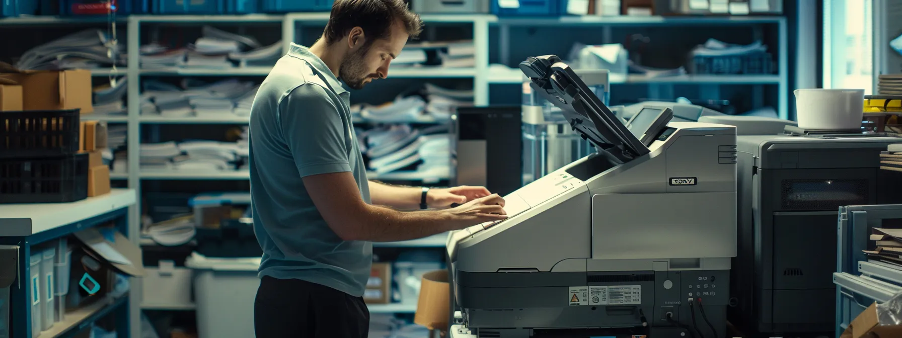 a technician carefully updating the firmware on a photocopier, ensuring smooth and efficient operation.