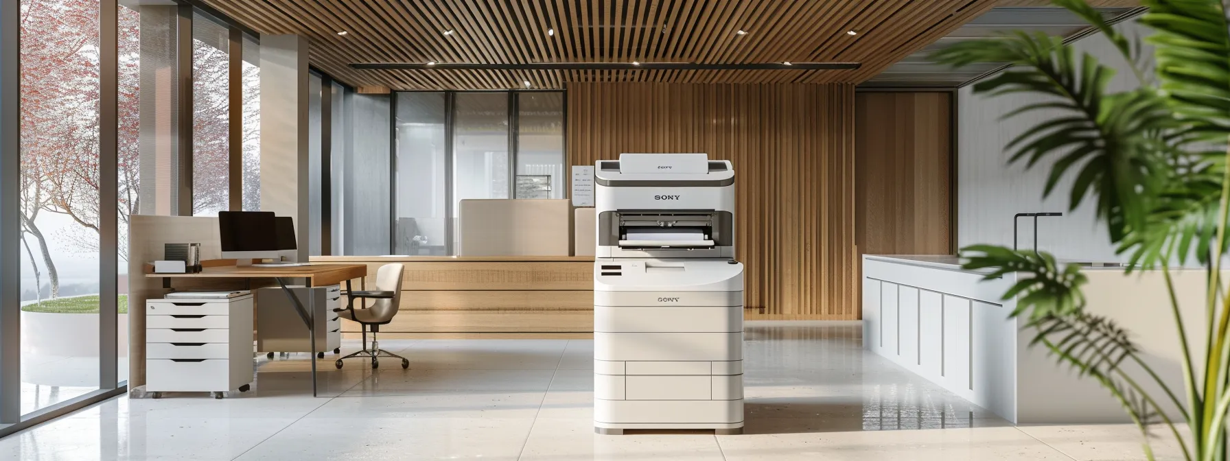 a sleek, modern office with a minimalistic, eco-friendly printing station showcasing efficient print management technologies.
