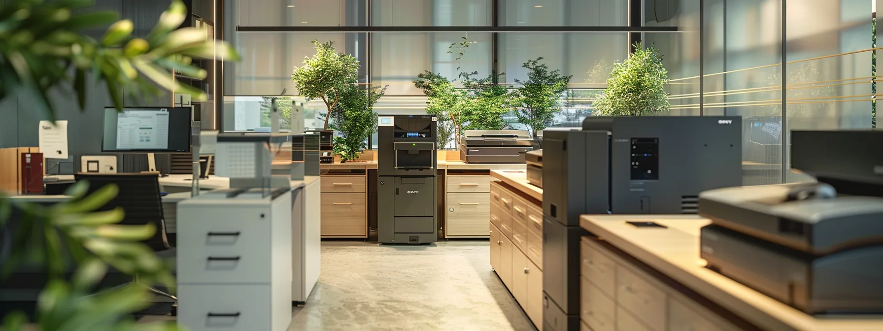 a modern office with sleek, high-tech printers seamlessly integrated with cloud storage and digitization tools, showcasing the efficiency and sustainability of managed print services.