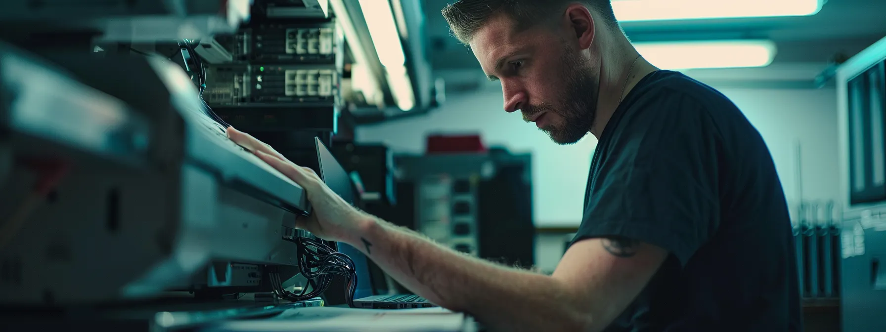 Effective Guide to Solving Copier Connectivity Issues 10 a technician carefully examining the network cables connected to a sharp copier, with a focused expression and a laptop open next to the machine, ensuring all settings are correct for troubleshooting.