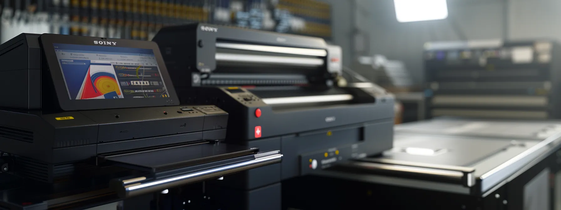 a sleek large format printer with a user-friendly touchscreen display, showcasing advanced technology and modern design.