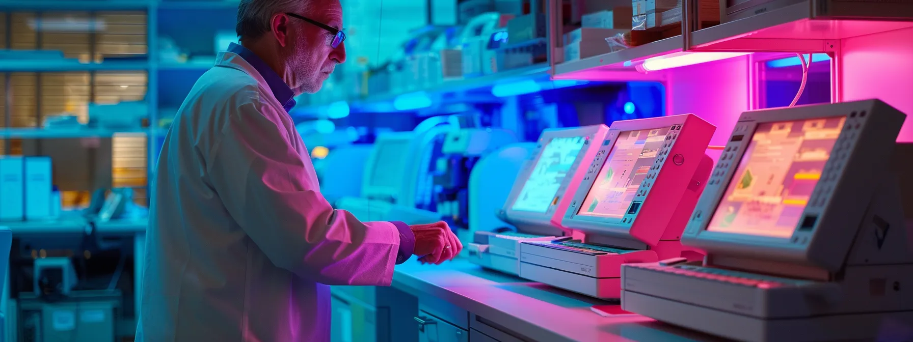 a technician examining a complex array of colorful flashing lights and symbols on different brands of photocopiers to decode manufacturer-specific error codes.