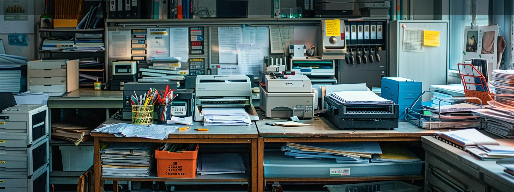 a modern office desk cluttered with various printers, toner cartridges, and maintenance tools, surrounded by stacks of printed documents and cost analysis reports.