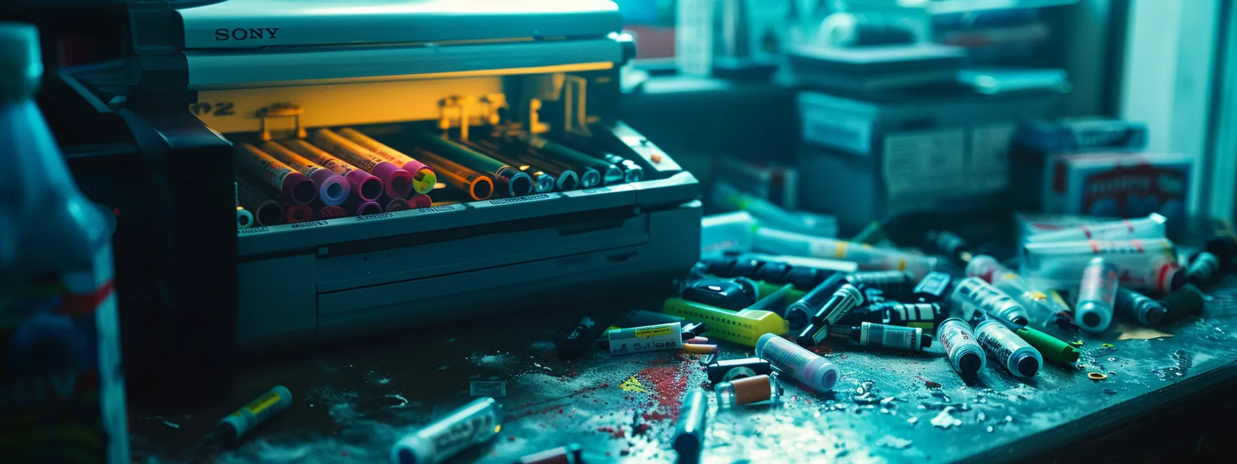 a close-up photo of a printer displaying error messages, surrounded by scattered ink cartridges, represents the hidden expenses in a printing setup.
