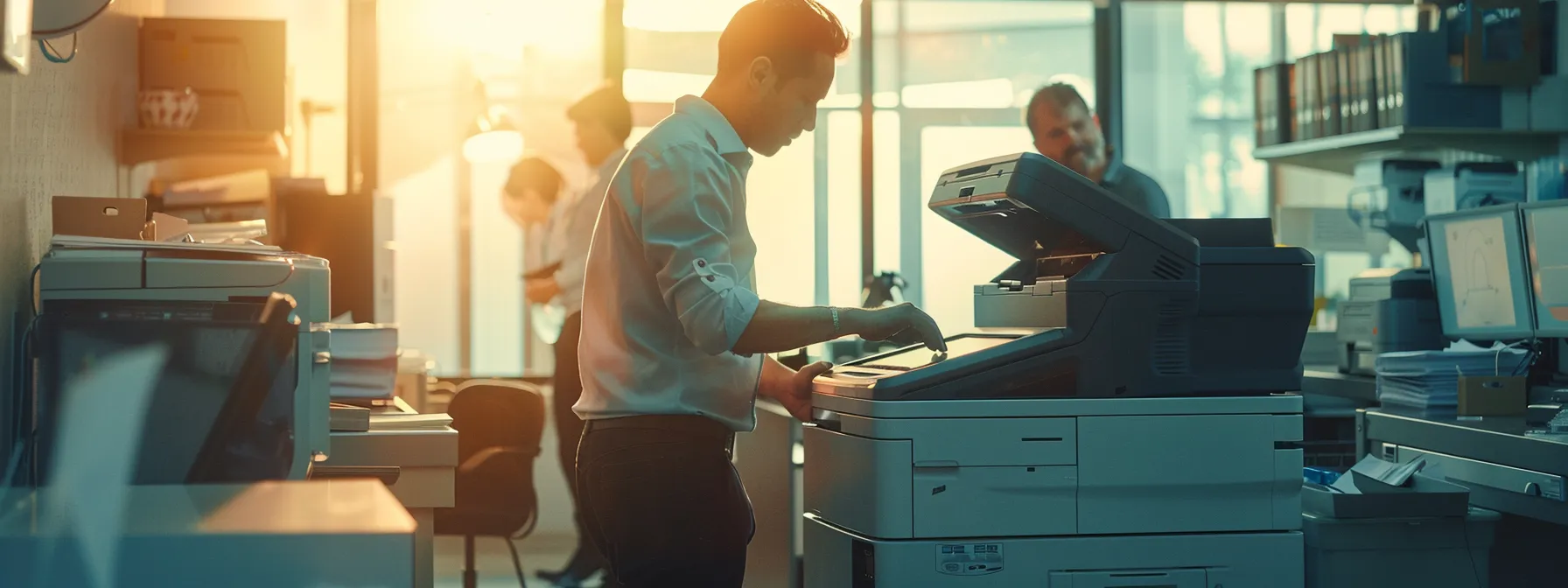 Comprehensive Guide to Commercial Photocopier Repair Rates 12 a technician performing routine maintenance on a sturdy, high-quality commercial photocopier in a well-lit office setting, surrounded by attentive staff members observing and learning proper equipment use techniques.