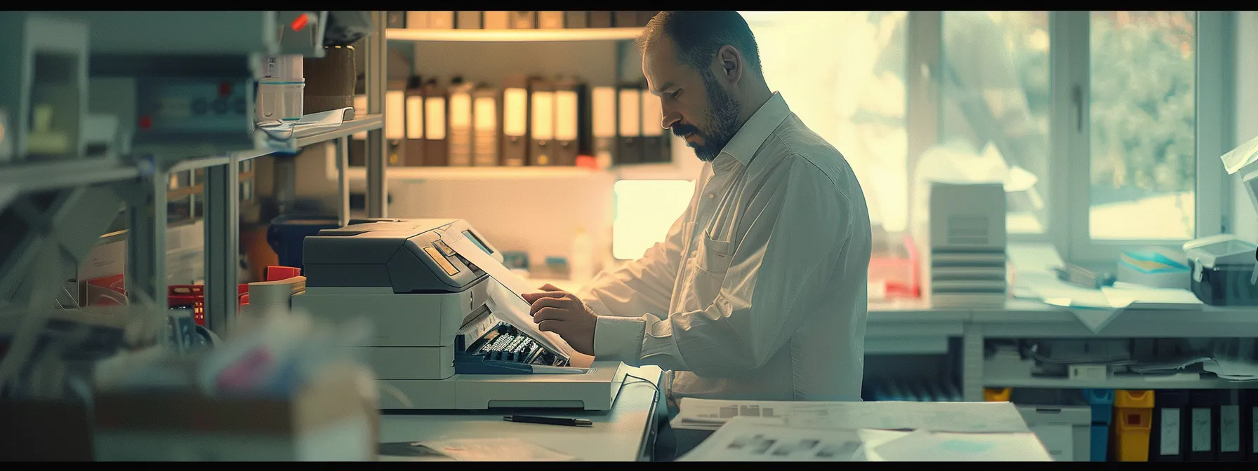 a technician examining the inner components of a photocopier, surrounded by tools and papers, in a well-lit and organized workspace.