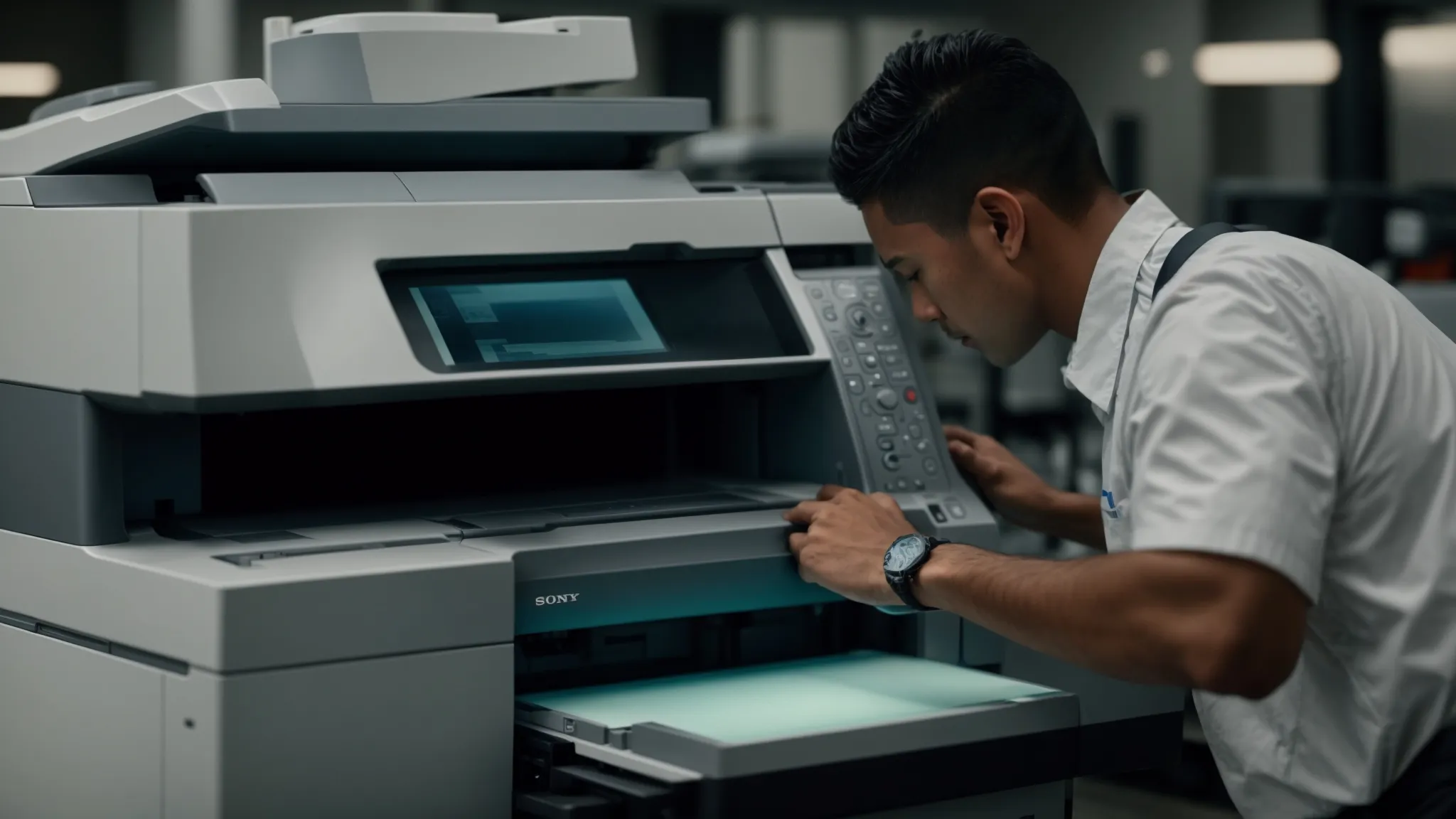 a technician performing routine maintenance on a high-quality photocopier, surrounded by a well-organized office setting.