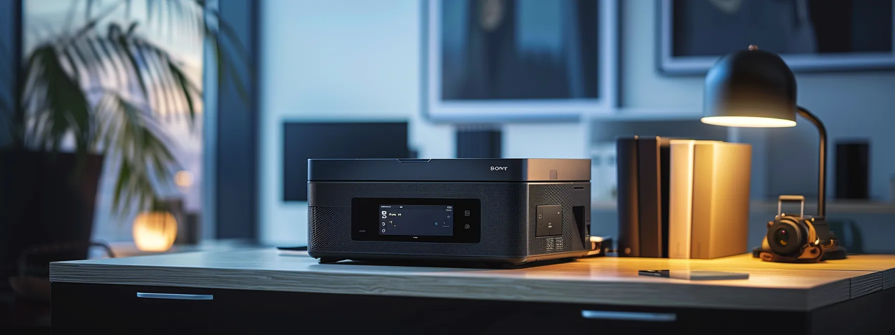 a photo of a sleek, modern printer with a digital display showing user permissions and quotas being set to maximize savings through managed print services.