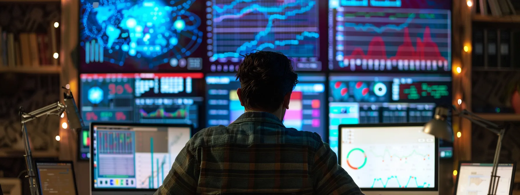 a person analyzing a complex web of data charts and graphs on a computer screen, surrounded by digital analytics tools and supported by artificial intelligence.