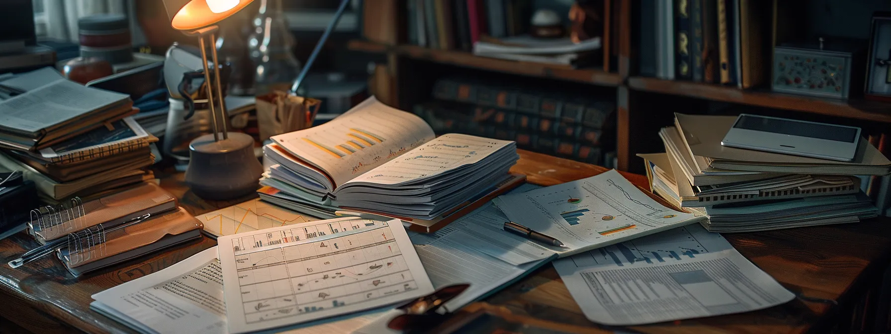 a desk cluttered with notebooks, research materials, and a laptop, surrounded by charts and graphs, symbolizing the diligent research and strategic content creation process for seo optimization.