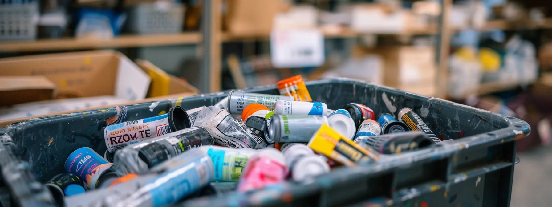 a recycling bin overflowing with empty toner cartridges and ink supplies, showcasing a commitment to reducing consumable waste and promoting sustainability in an office setting.