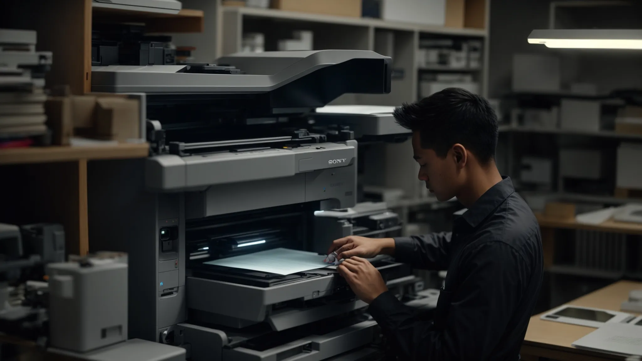 a technician carefully examining a photocopier, surrounded by various tools and parts, pondering between an hourly rate and a flat fee for the repair.