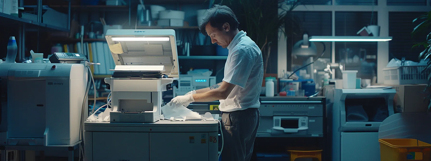 a technician carefully cleaning and inspecting a brother copier, surrounded by various cleaning tools and maintenance equipment.