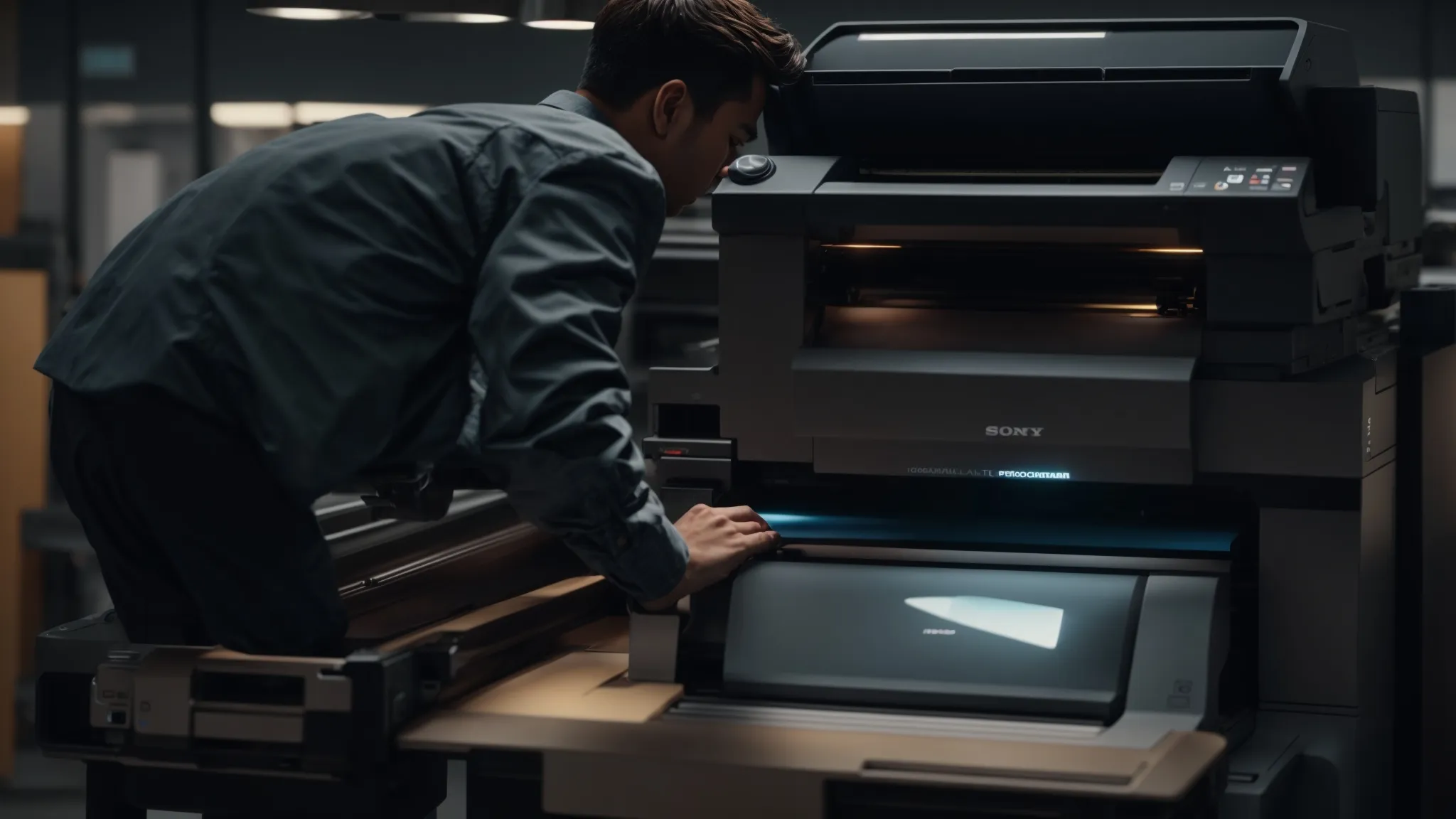 an expert technician carefully inspecting a photocopier with a toolbox, surrounded by positive testimonials and credentials displayed on the wall.