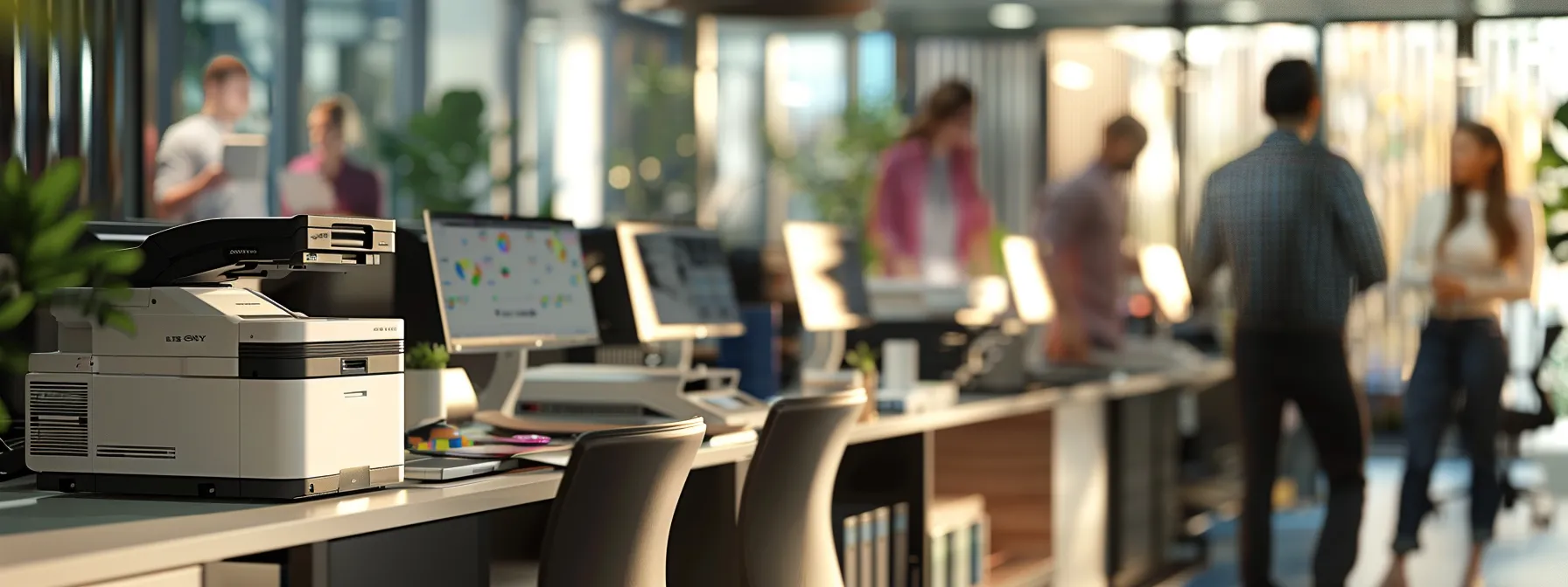 a busy office with employees efficiently using large format printers, printing materials seamlessly integrated into daily operations, showcasing optimal printer utilization for maximizing investment returns.