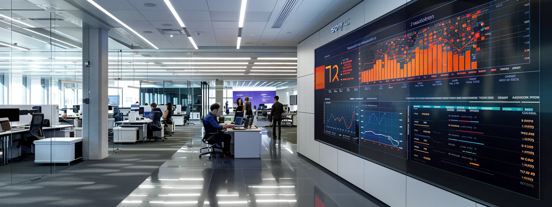 a sleek modern office with a large digital dashboard displaying real-time mps performance analytics and kpis, surrounded by a team of focused professionals collaborating on improvement strategies.