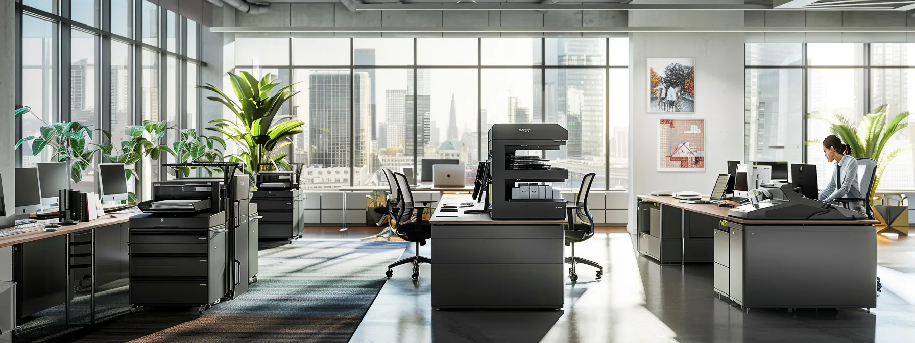 a sleek, modern office with a team of professionals collaborating with a managed print service provider, surrounded by state-of-the-art printing equipment and streamlined processes.