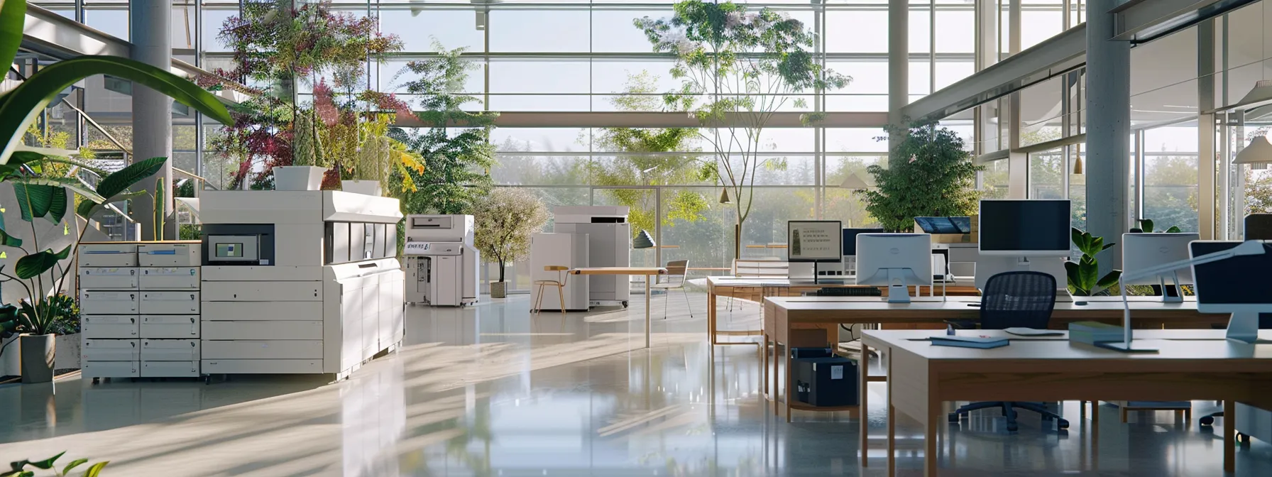 a modern office with efficient, automated printing processes and a team of professionals managing workflow to maximize profitability and sustainability.