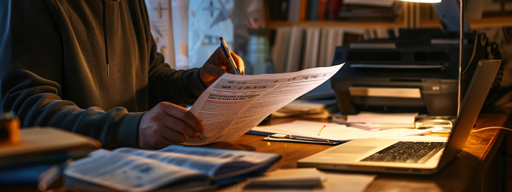 a person closely examining the detailed user manual for a brother copier while sitting at a desk cluttered with papers and office supplies.