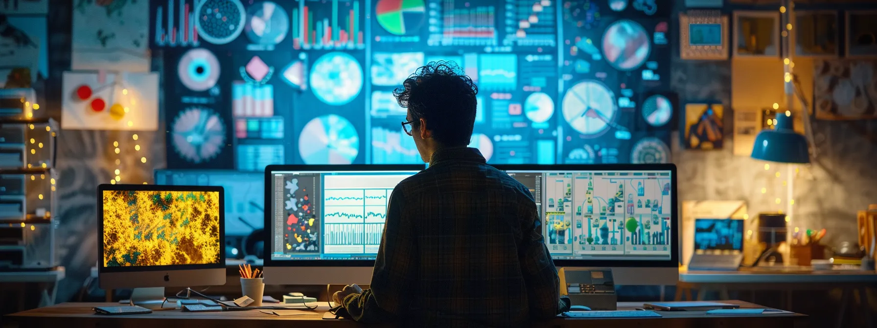 a digital marketer analyzing data on a computer screen with multiple colorful tracking pixels and cookies displayed prominently.