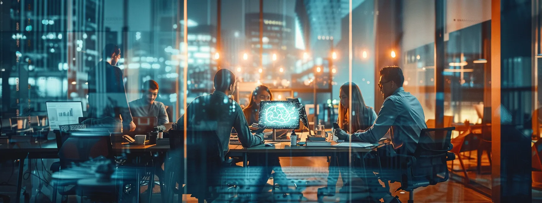 a diverse group of professionals collaborating on cutting-edge ai projects in a modern tech workspace.