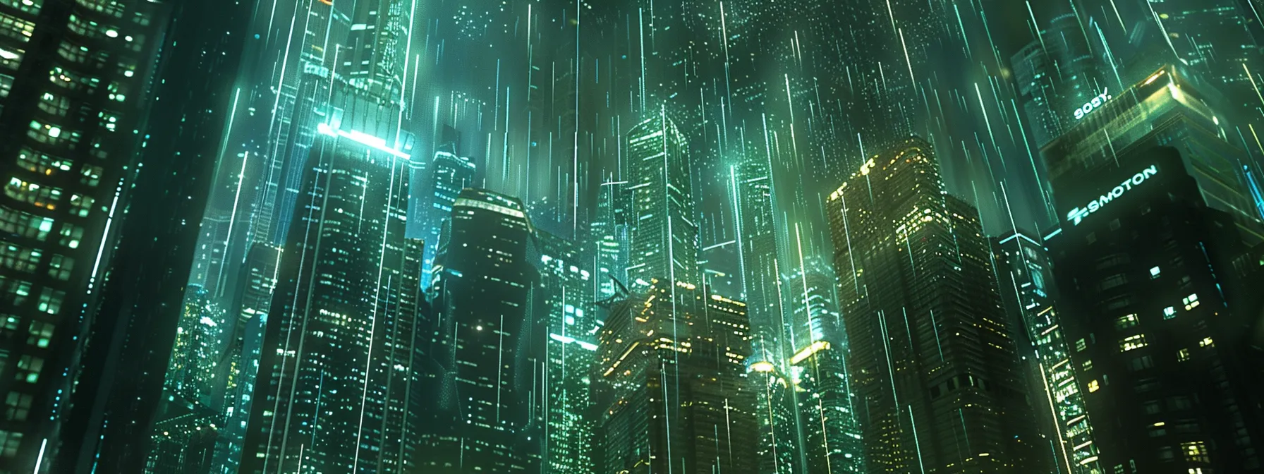 a futuristic city skyline illuminated by streams of light reflecting cutting-edge cloud computing technology.