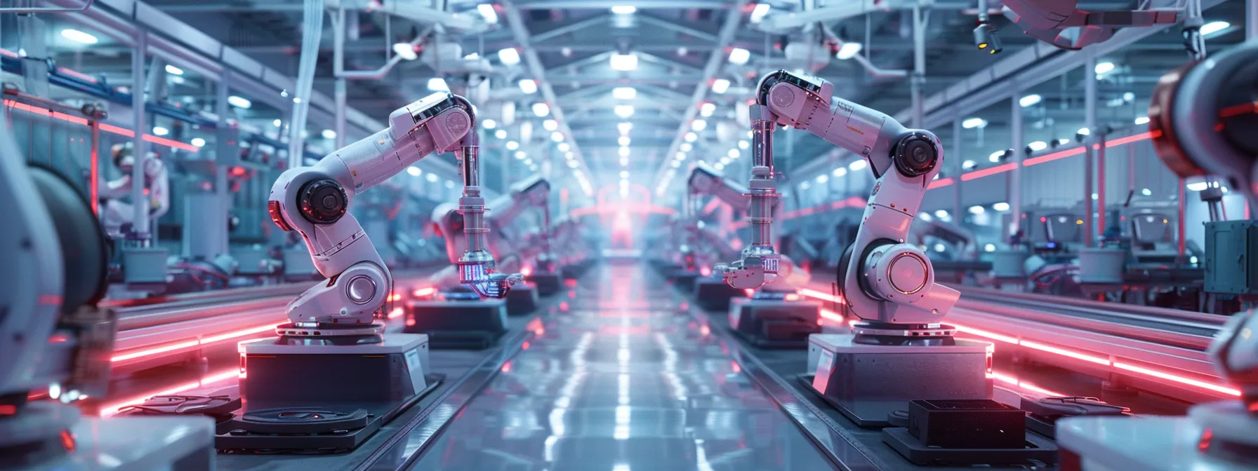a futuristic manufacturing facility with robotic arms seamlessly streamlining production lines.