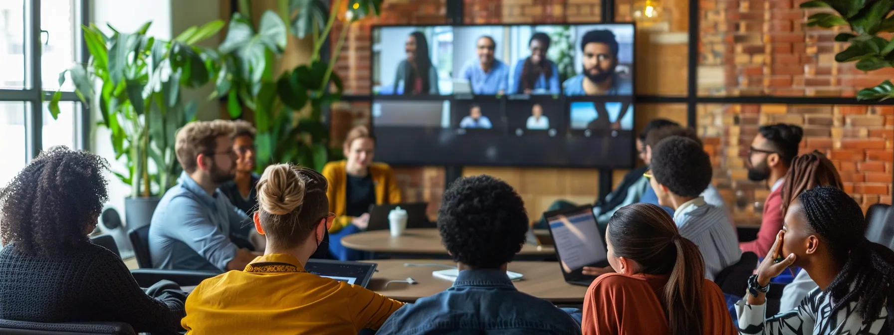 a group of diverse professionals engrossed in a dynamic online learning session on advanced data science and ai integration.