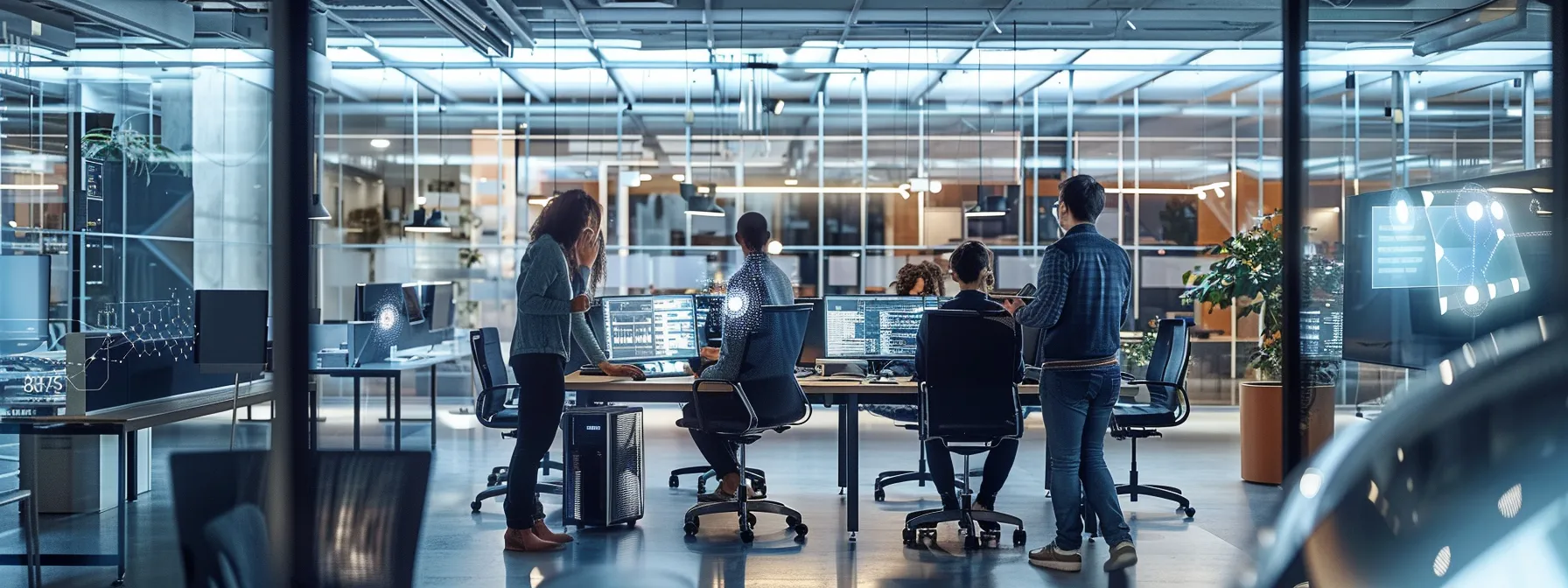 a group of workers in a futuristic office collaborating with ai technology to enhance productivity and innovation.