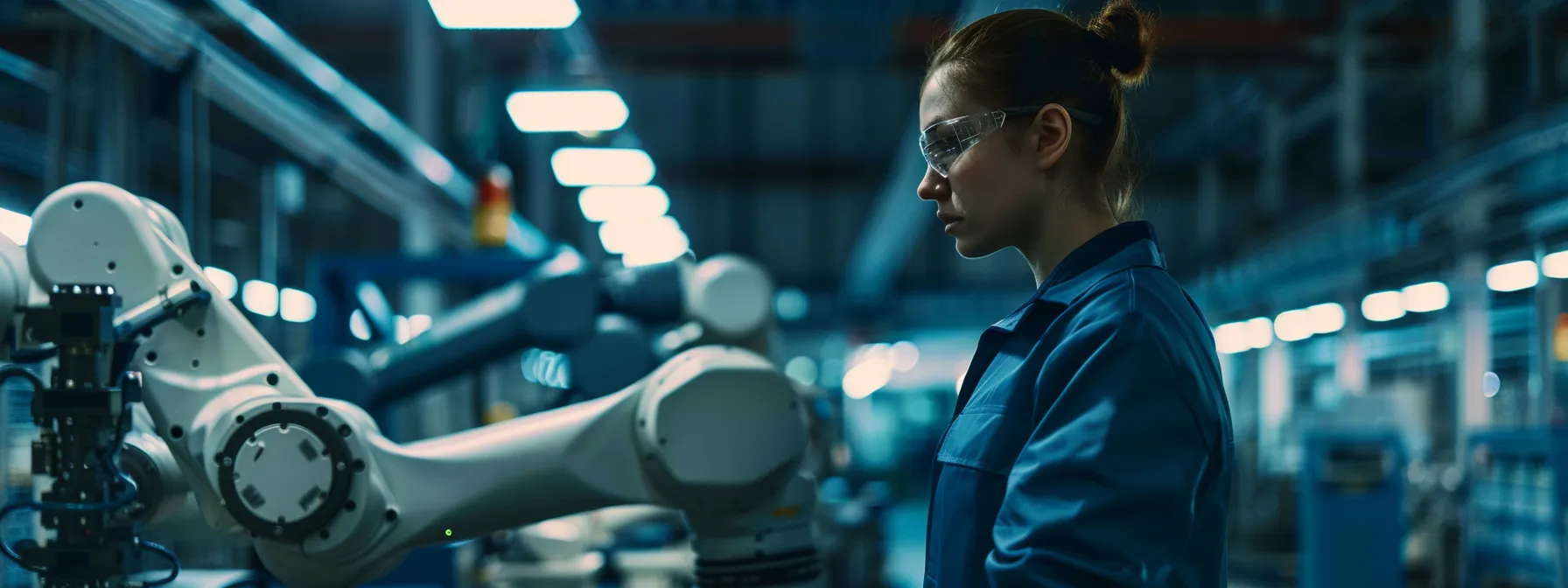 a lone factory worker staring at a robotic arm assembling products on the assembly line, highlighting the looming risk of ai displacement in blue-collar jobs.