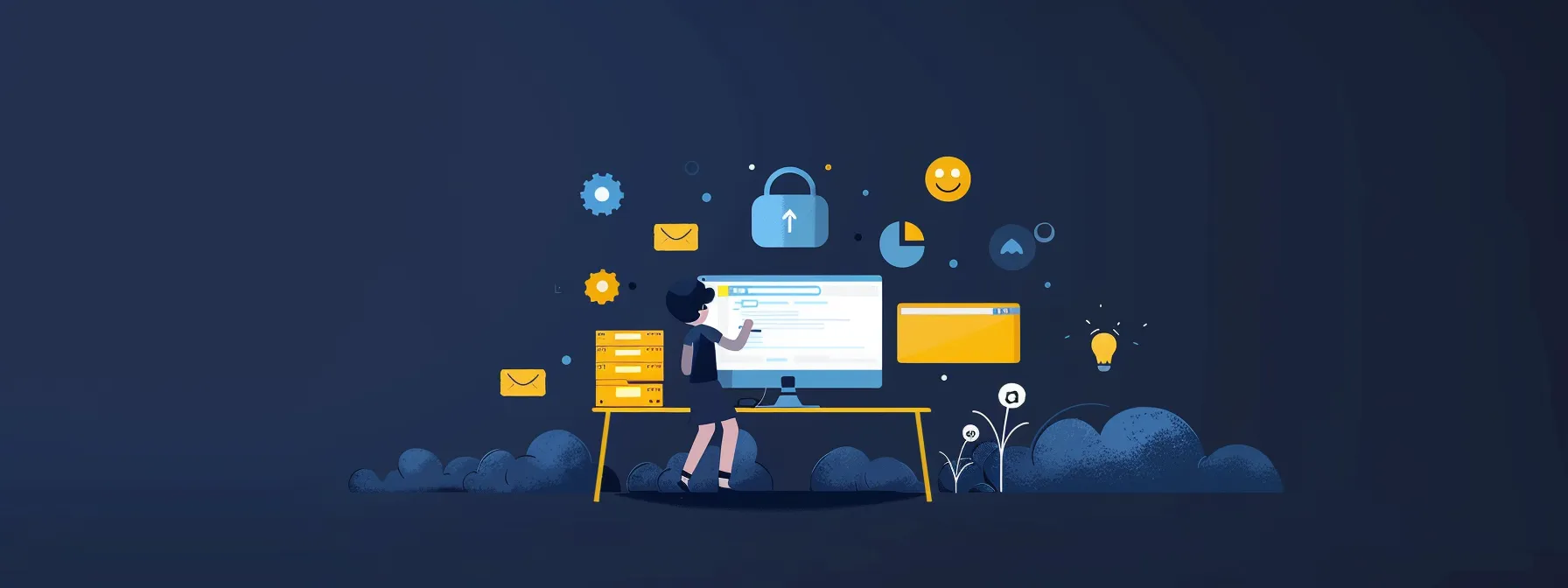 a person standing in front of a computer, adjusting browser settings with a determined expression, surrounded by floating pixel and cookie icons.