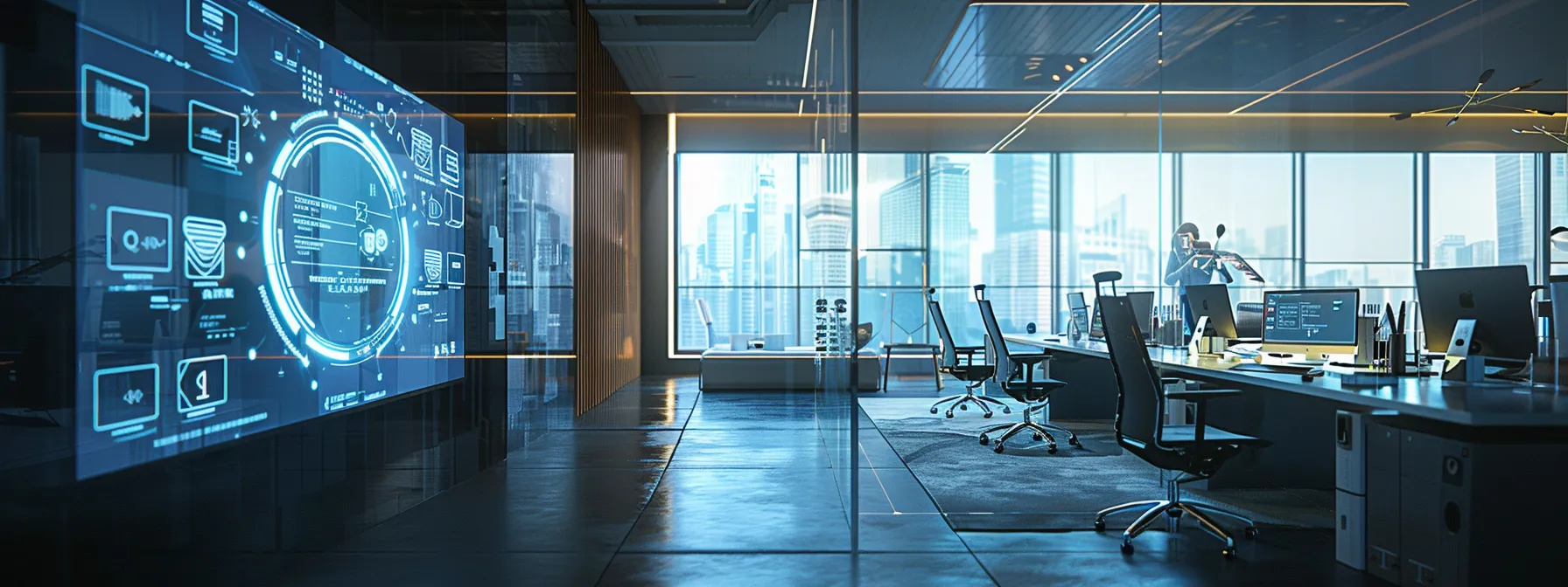 a sleek, futuristic office space with a glowing ai interface seamlessly integrated into the workspace environment.