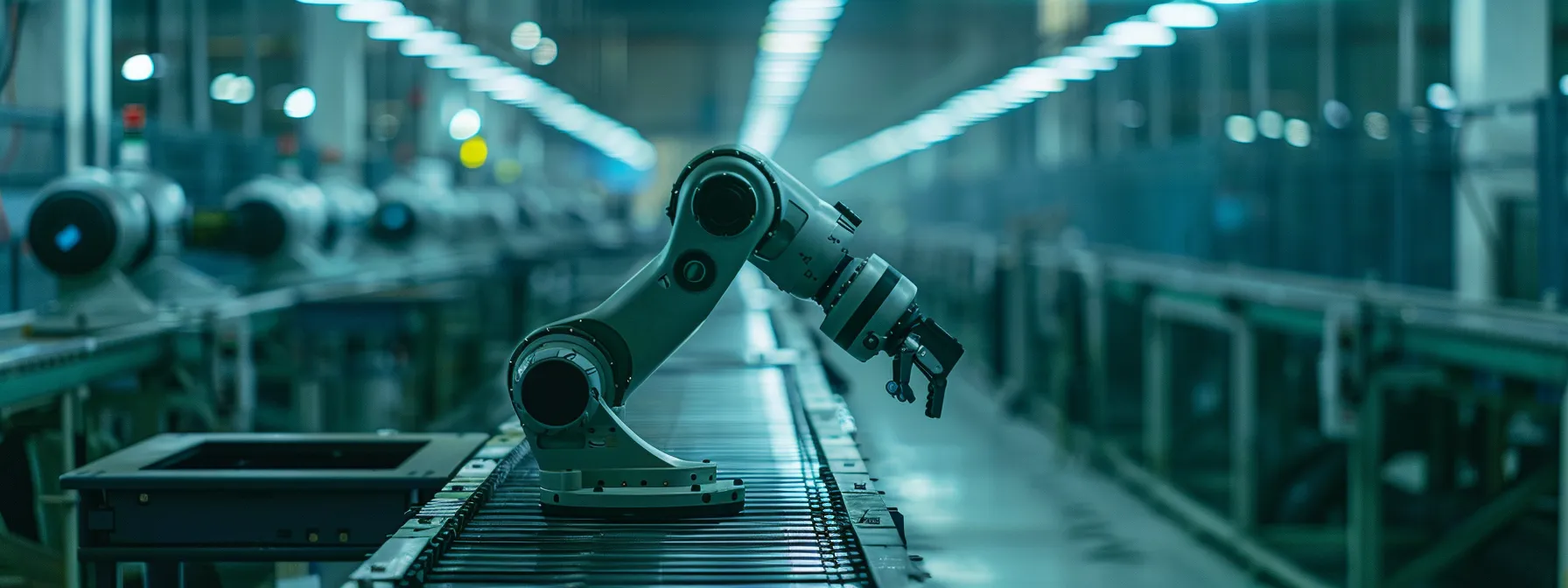 a solitary robot arm assembling products on a conveyor belt in a dimly lit factory, symbolizing the automation of traditional manufacturing roles.