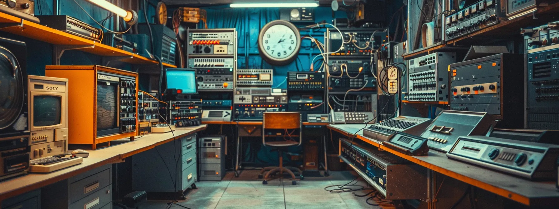 a vintage computer room filled with bulky machines and cables, symbolizing the origins of cloud computing in the 1960s and 1970s.