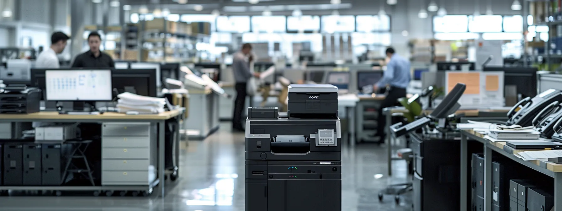 a bustling office environment with streamlined, efficient printing processes in place, showcasing cost savings and increased productivity through managed print solutions.