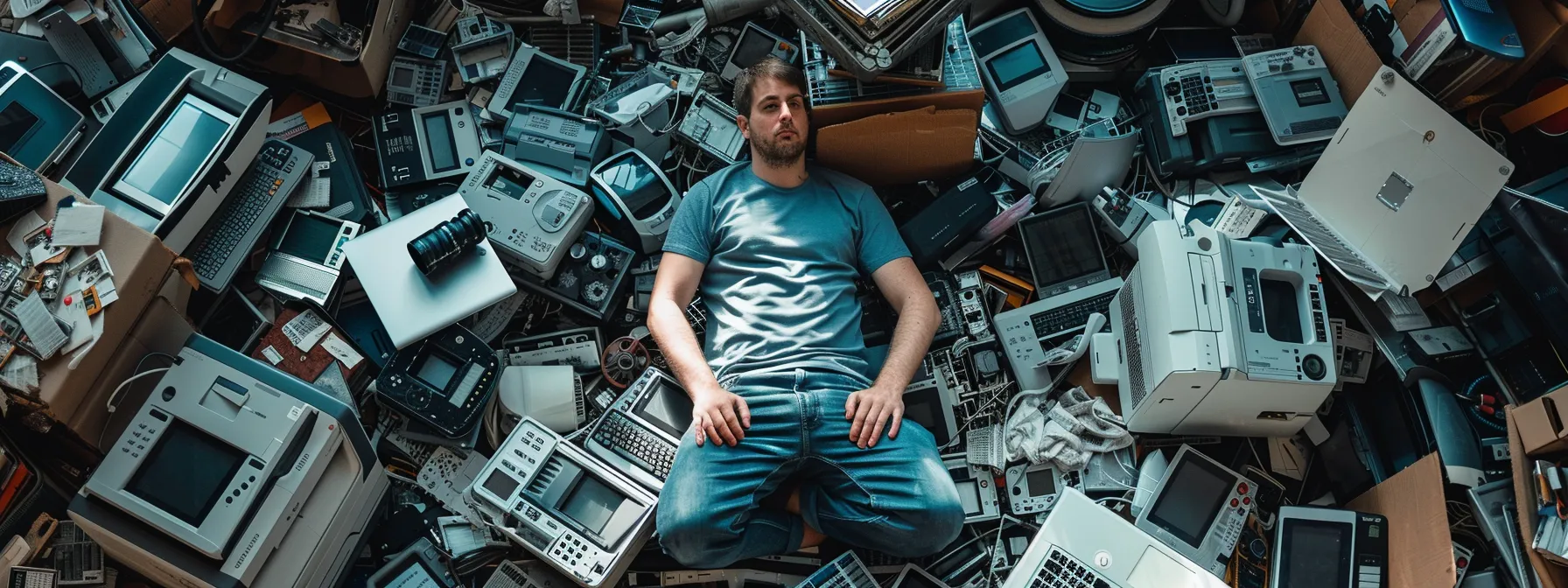 Comprehensive Guide to Commercial Photocopier Repair Rates 9 a technician surrounded by a pile of various photocopier parts, showcasing the complexity of repair factors.