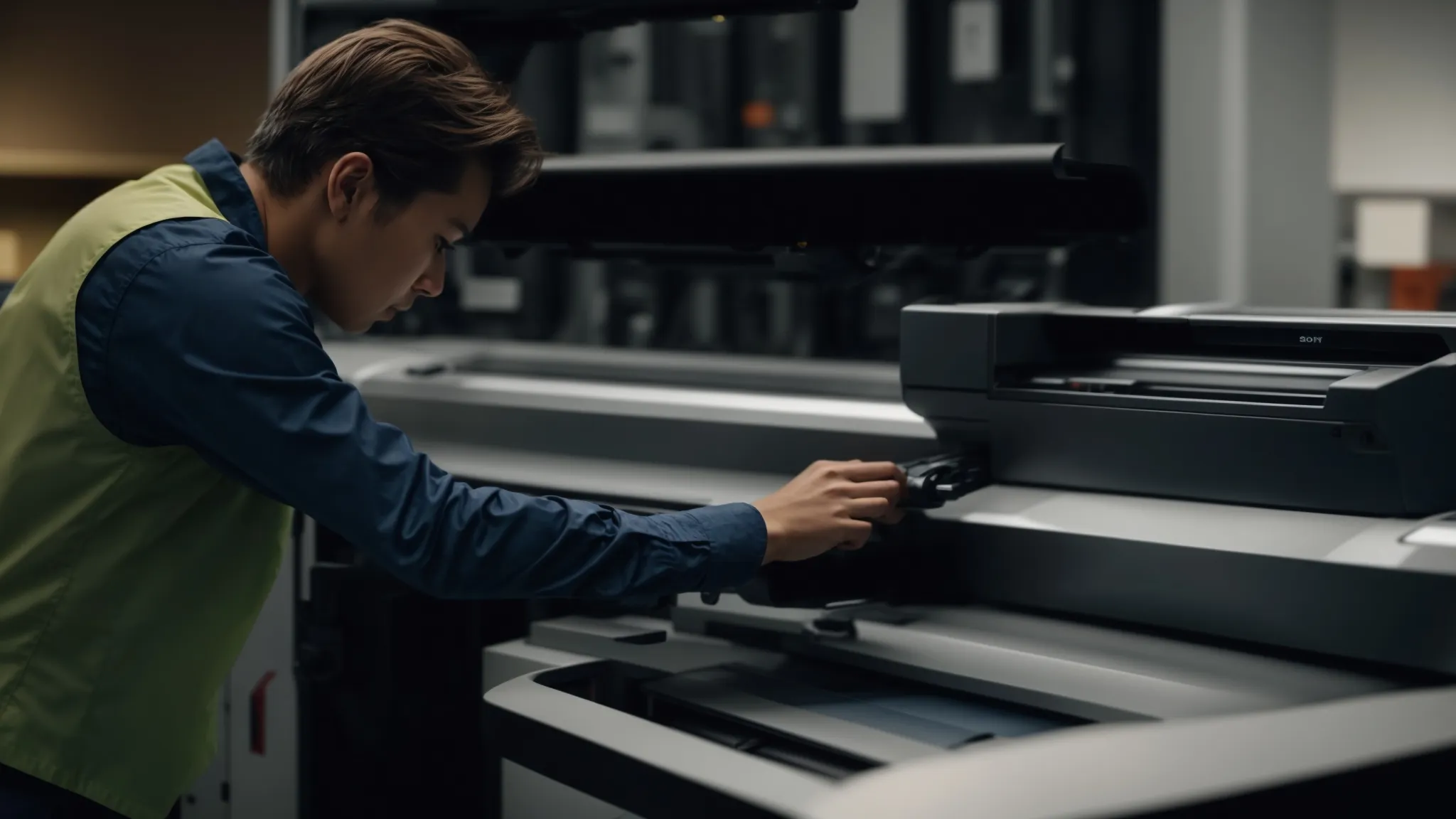 a technician carefully cleaning the scanner of a canon photocopier, ensuring clear and sharp copies and scans.