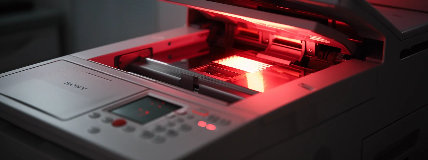 an open photocopier displaying error code e001, highlighting the fuser unit issue with a red blinking light.