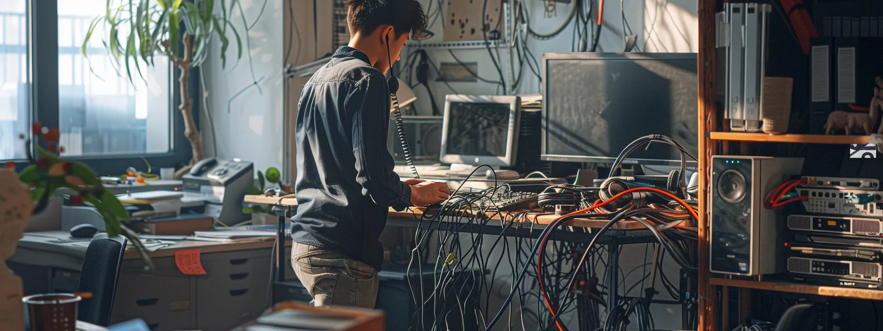 Complete Guide to Professional Phone System Installation for Your Business 12 a technician carefully arranging cables and equipment in a bustling office, preparing for a new phone system installation to support remote work requirements.