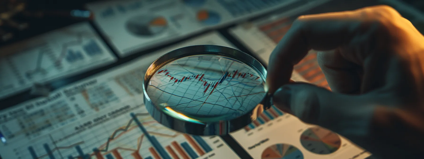 a hand holding a magnifying glass over a detailed financial chart, highlighting key metrics for measuring and monitoring savings over time.