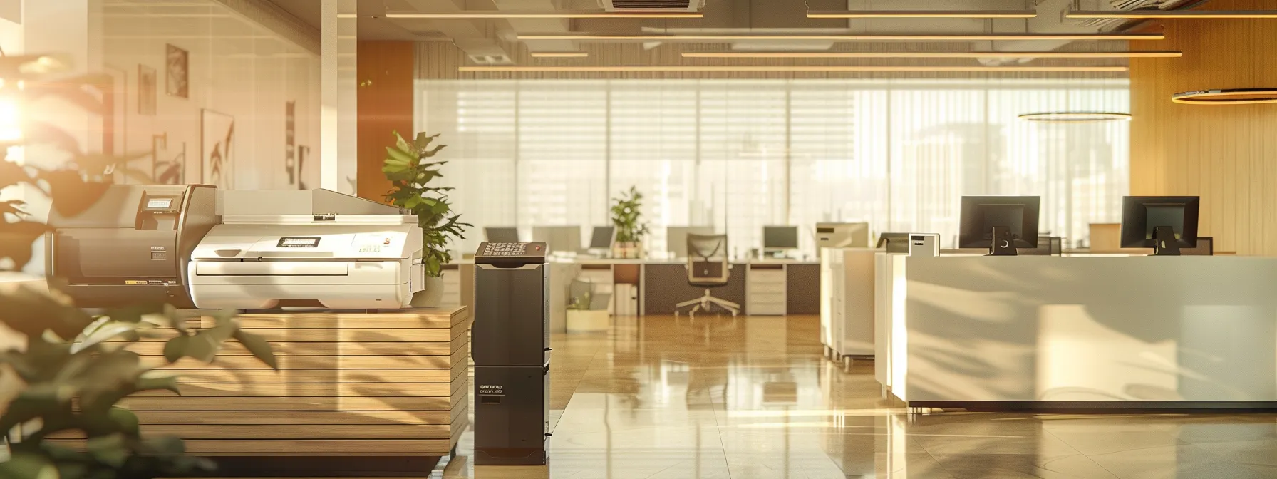 vividly comparing large format printers in a sleek, modern office setting.