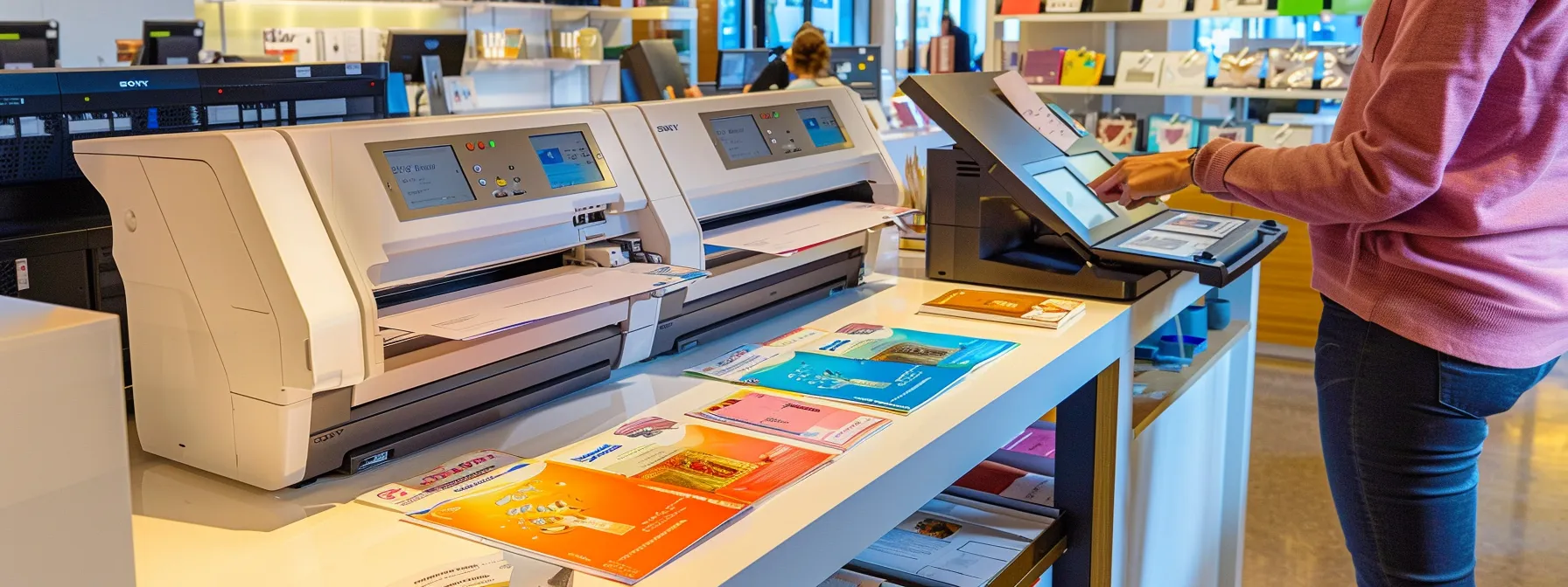 a person carefully comparing different large format printers in a well-lit showroom, surrounded by glossy brochures and colorful sample prints.