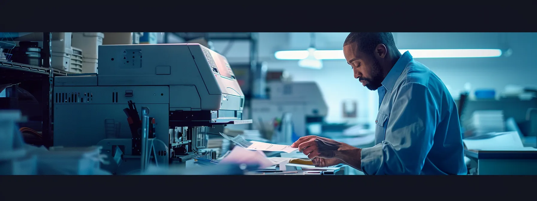 a skilled technician carefully inspecting a high-tech copier machine in a well-lit office setting, surrounded by maintenance tools and manuals.