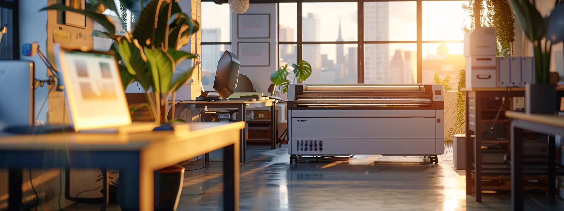 a modern, eco-friendly large format printer in a bustling office setting, showcasing sustainability and innovation in action.