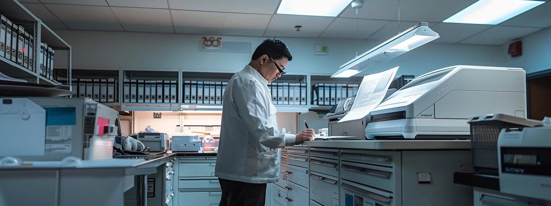 Comprehensive Guide to Commercial Photocopier Repair Rates 14 a technician meticulously inspecting a photocopier under bright overhead lights in a clean, organized workspace.