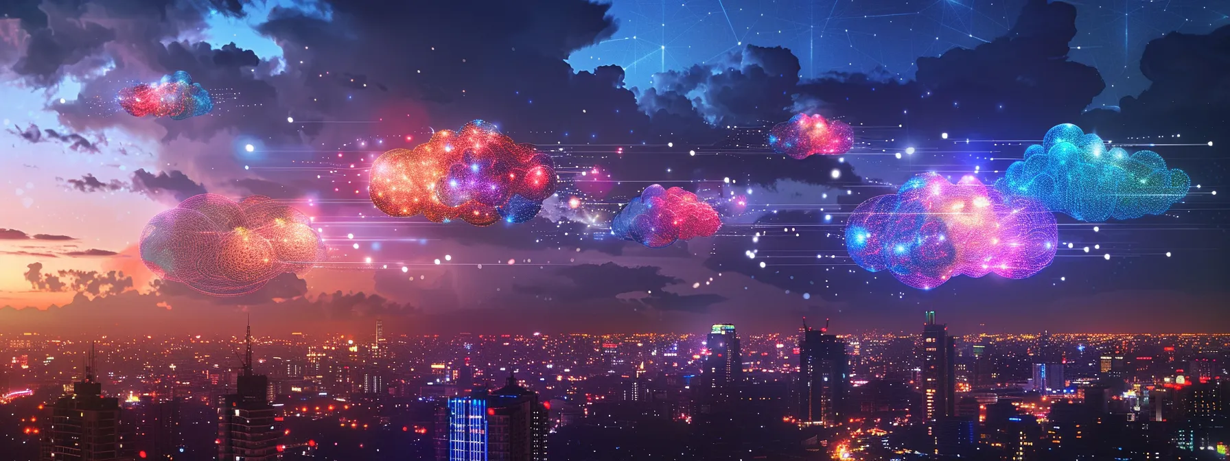 an array of brightly colored interconnected cloud symbols floating above a city skyline, representing the cutting-edge trends in cloud computing technology.