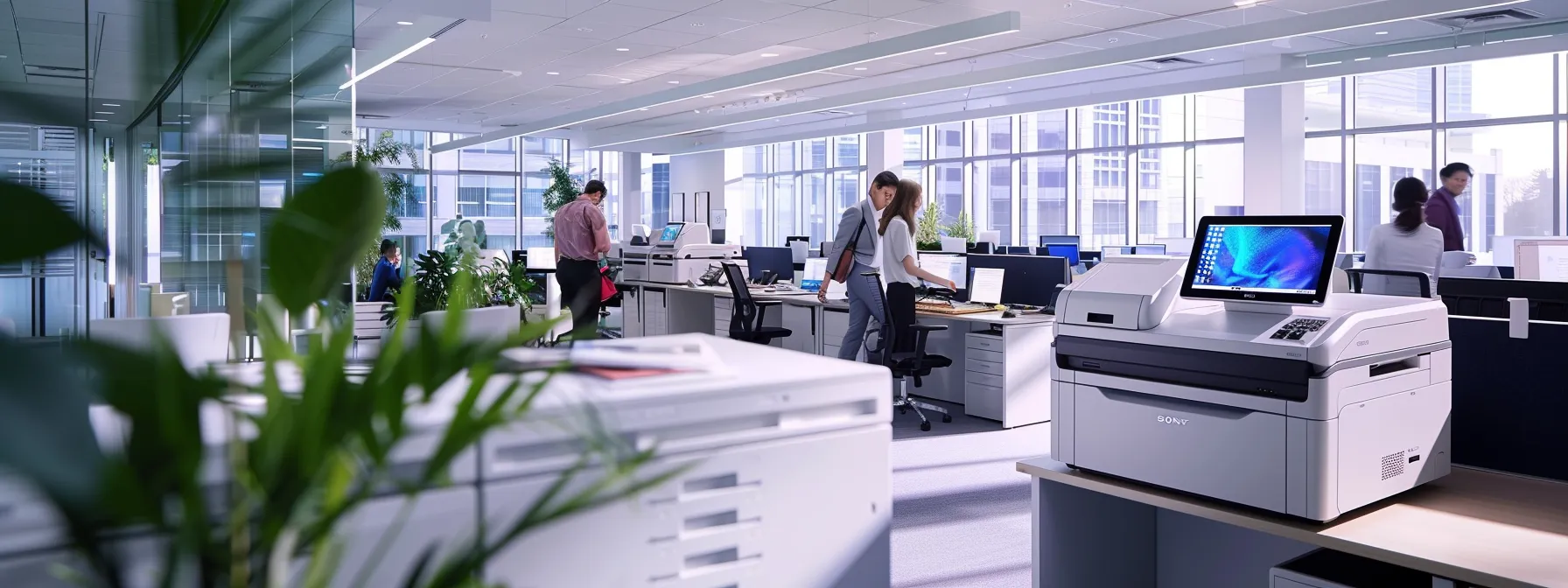 a modern office with employees accessing cloud-based printing from various devices, seamlessly managing their printing needs with advanced mps technologies.